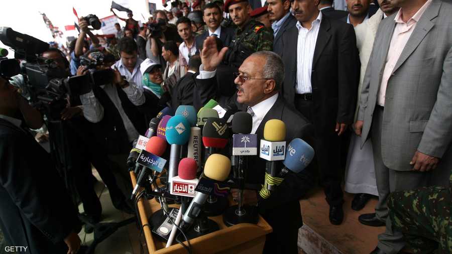 الرئيس اليمني، علي عبدالله صالح، خلال تجمع مناصر له في العاصمة اليمنية صنعاء