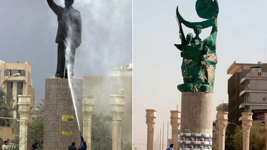في اليسار، يظهر عمال البلدية وهم ينظفون تمثال الرئيس العراقي الراحل صدام حسين في ساحة الفردوس في 30 مارس 2003. وفي اليمين، يظهر عامل البلدية ينظف تمثال الحرية في 9 مارس 2008.