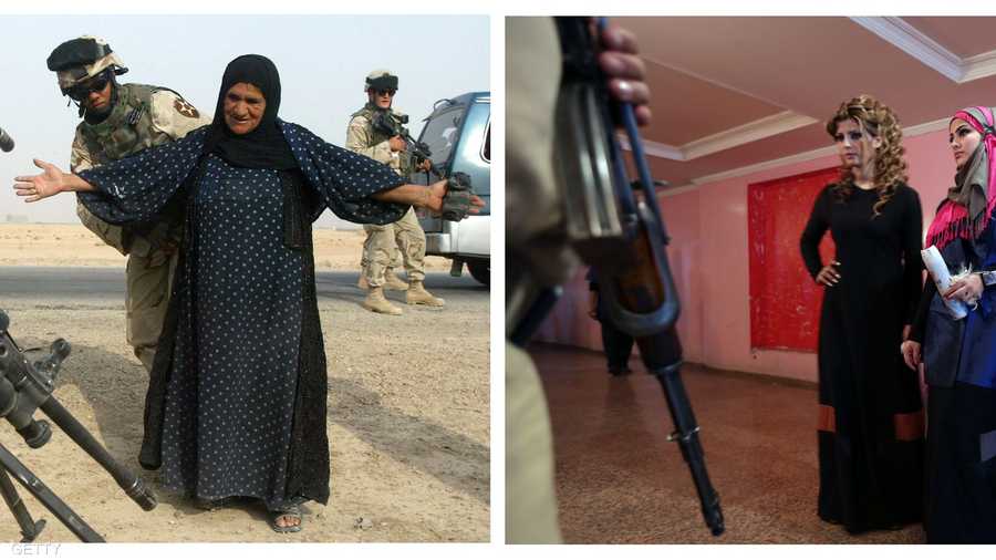 على اليسار، جندي أميركي يفتش امرأة عراقية في 25 أكتوبر 2004 غرب الرمادي، وعلى اليمين حارس مسلح يقف أمام نماذج لعرائس في مهرجان لتصفيف الشعر والماكياج في 9 فبراير 2013 في بغداد