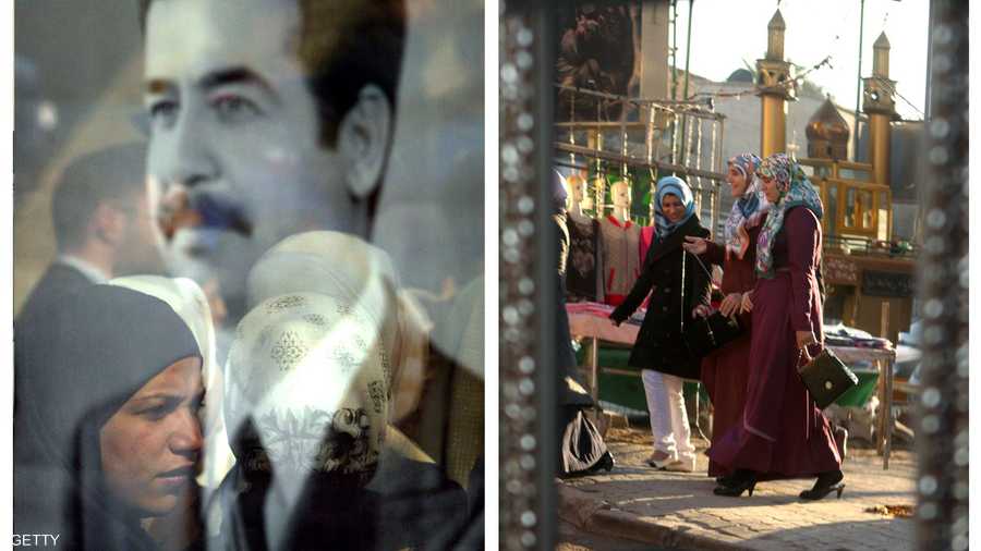 في اليسار، انعكاس صورة امرأة في مرآة زجاجية كبيرة كانت تحمل صورة الرئيس الراحل صدام حسين، وفي المقابل الصور الأصلية للمرآة قبل الغزو الأميركي للعراق. 