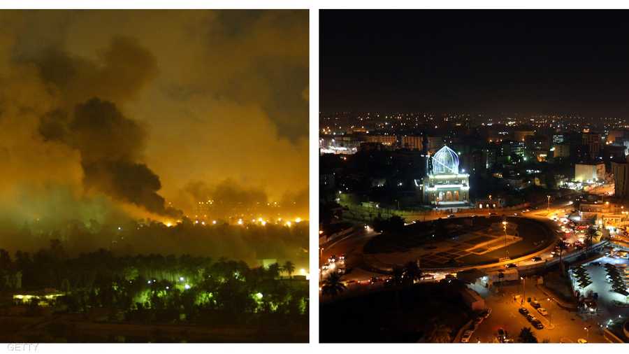 على اليسار، الدخان يتصاعد من القصر الرئاسي خلال غارة جوية أميركية عليه في مارس 2003، وفي المقابل صورة للعاصمة بغداد من سطح فندق فلسطين في العاصمة في 9 فبراير 2013.