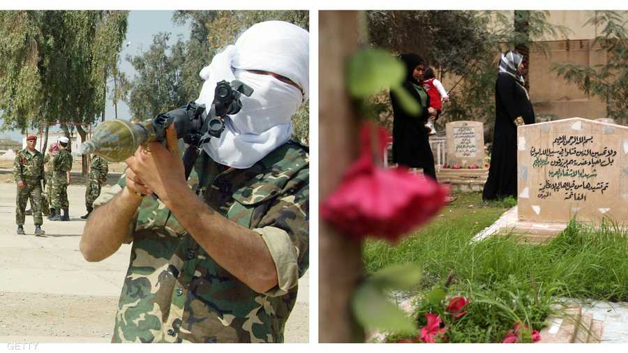 يسار، يظهر متطوعون عرب للدفاع عن العراق في معسكر للتدريب في 12 مارس 2003 قرب بغداد، في المقابل مجموعة من النسوة يزن أضرحة أقارب لهن في بغداد في 13 فبراير 2013.