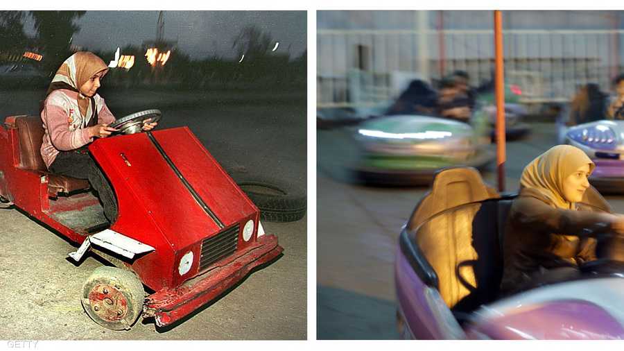 في اليسار تظهر فتاة تقود سيارة للترفيه في 16 فبراير 1998 إبان الحصار الدولي على العراق، وفي المقابل امرأة تقود سيارة في مدينة للملاهي في 4 شباط 2013.