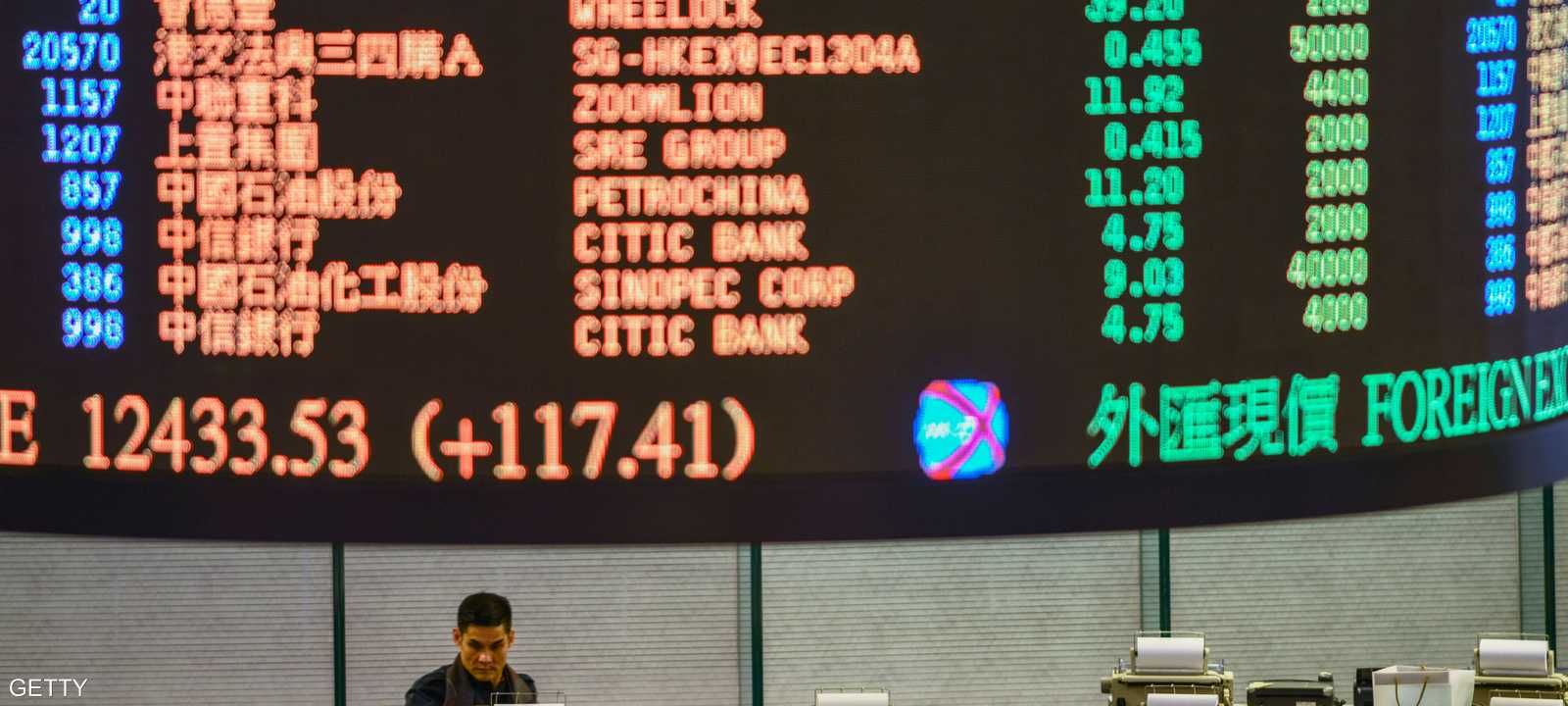 بورصة هونج كونج، وتظهر فيها لوحة أسعار الأسهم في 2 يناير 2013.