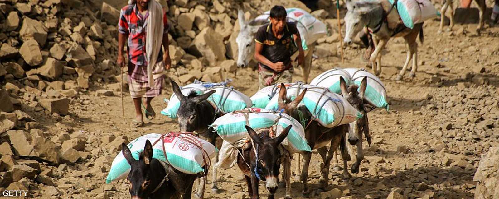 حملت الحمير مساعدات لسكان مدينة تعز التي تئن تحت حصار ميليشيات المتمردين