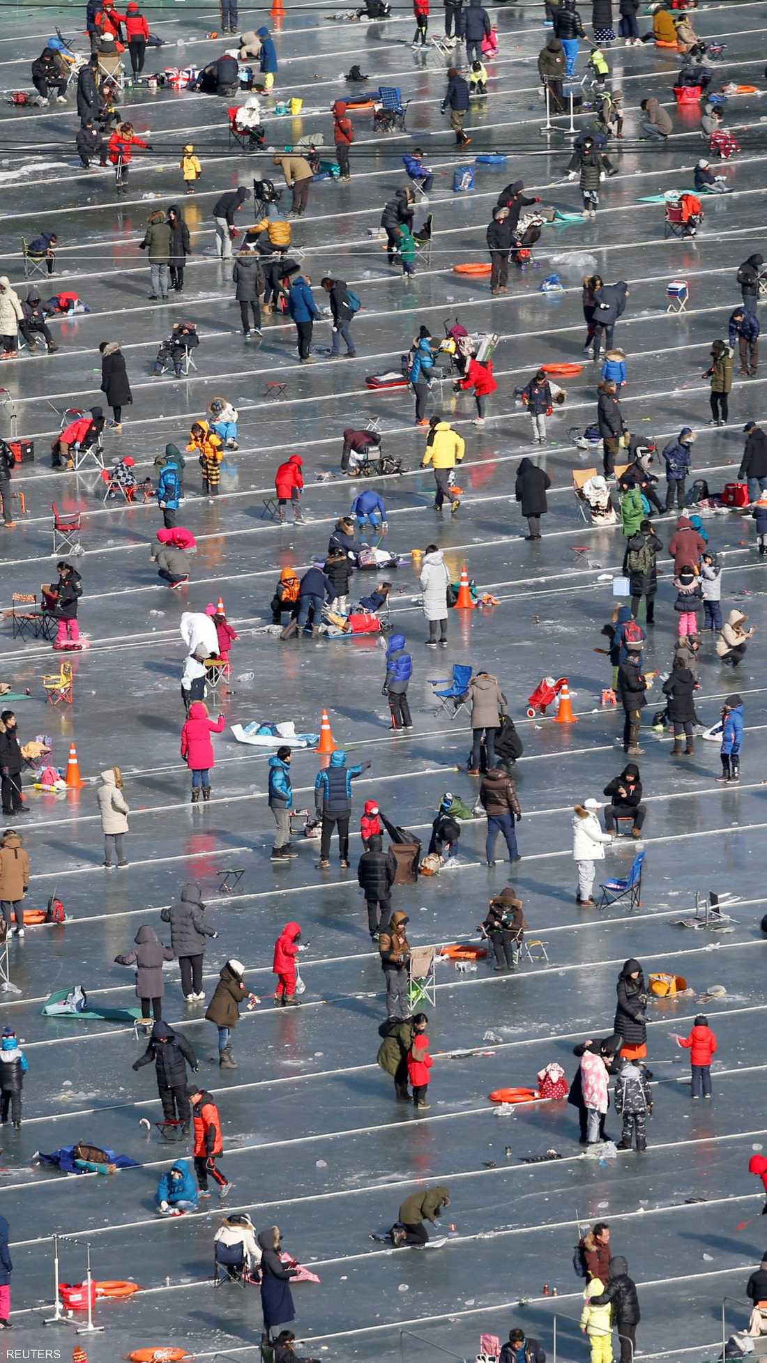 في كوريا الجنوبية يبحثون عن سمك السلمون في النهر المتجمد