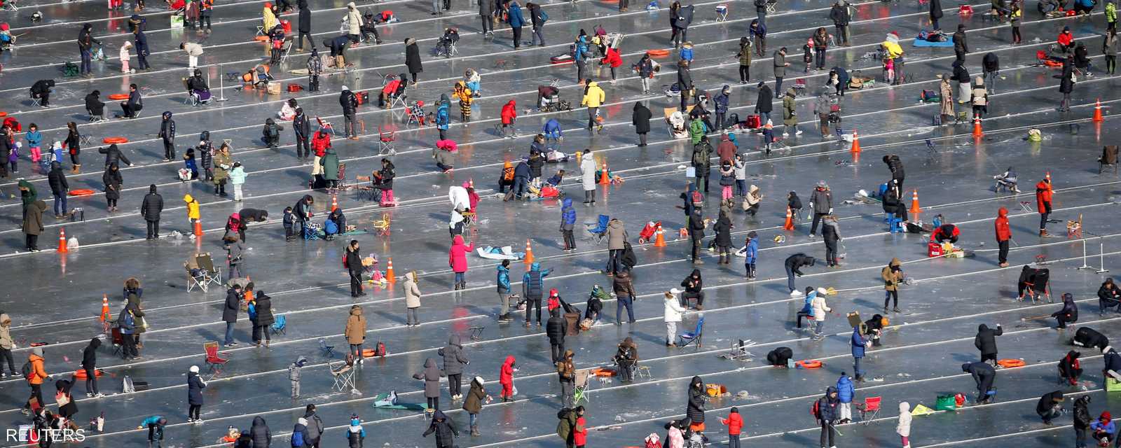 في كوريا الجنوبية يبحثون عن سمك السلمون في النهر المتجمد