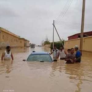 جانب من السيول التي تسببت بها الأمطار في طبرق.