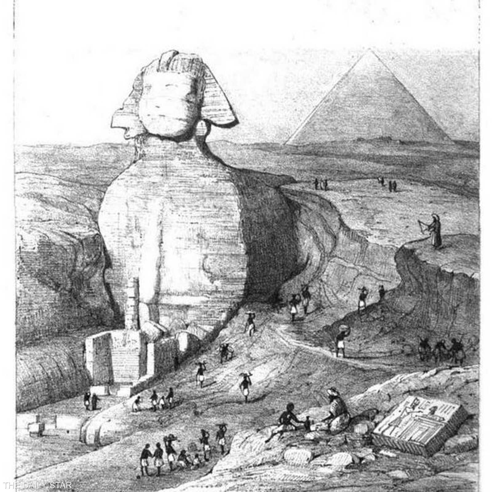 رسم توضيحي لتمثال أبو الهول أثناء اكتشافه والتنقيبات الأثرية