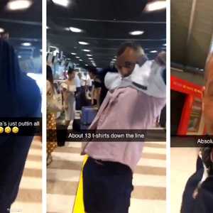 لقطات للأب وهو يرتدي القمصان وسط ضحكات المسافرين وابنه