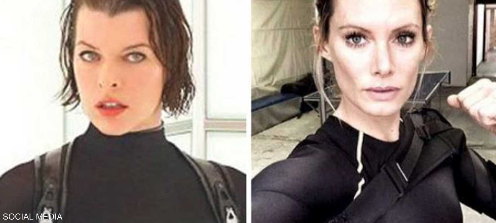 أوليفيا جاكسون (يمين) "دوبلير" الممثلة ميلا جوفوفيتش (يسار)