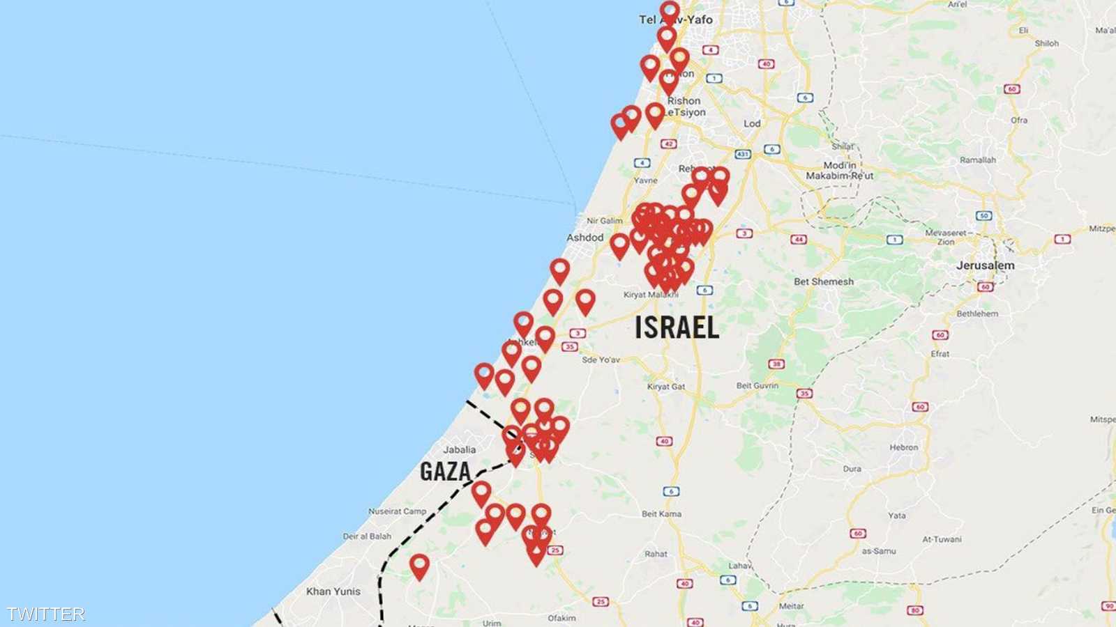 خريطة الأماكن التي استهدفتها الصواريخ داخل إسرائيل