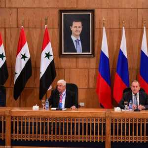 جانب من المؤتمر الصحفي بين لافروف والمعلم في دمشق.