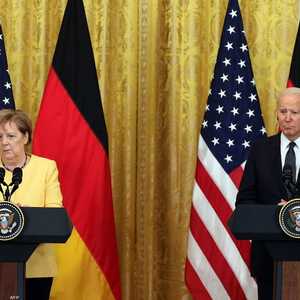 بايدن خلال مؤتمر صحفي مع ميركل في البيت الأبيض.