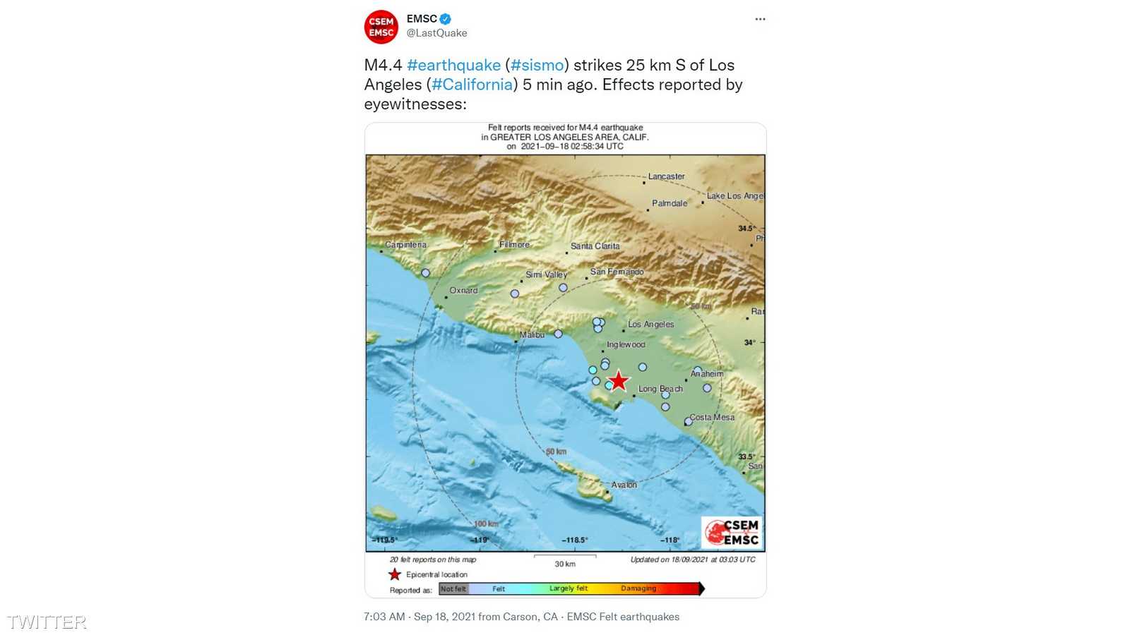 تغريدة حول الزلزال الذي ضرب منطقة لوس أنجلوس