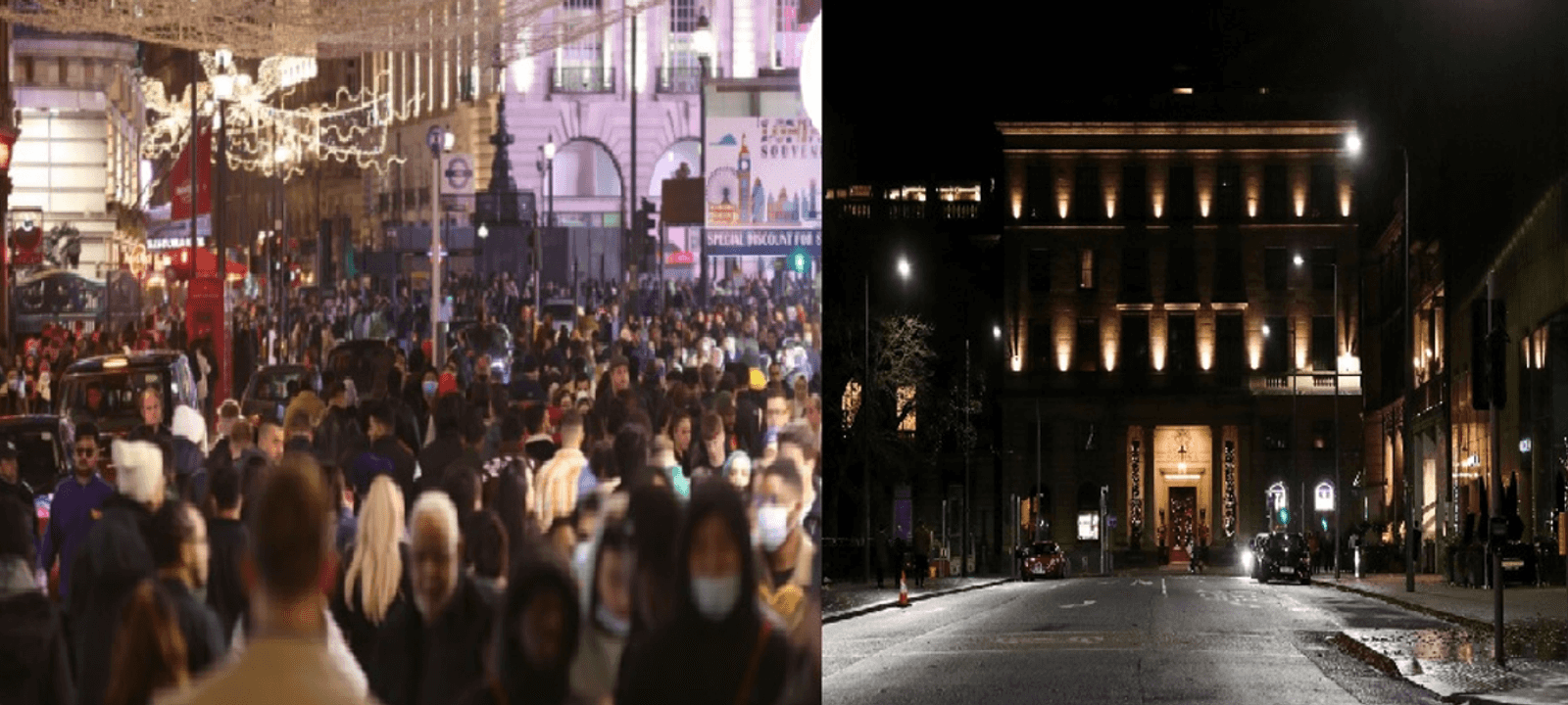 الشوارع فارغة في اسكتلندا (يمين) وشوارع لندن تعج بالمحتفلين