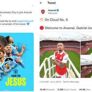 تغريدتا مان سيتي وأرسنال بشأن جيسوس