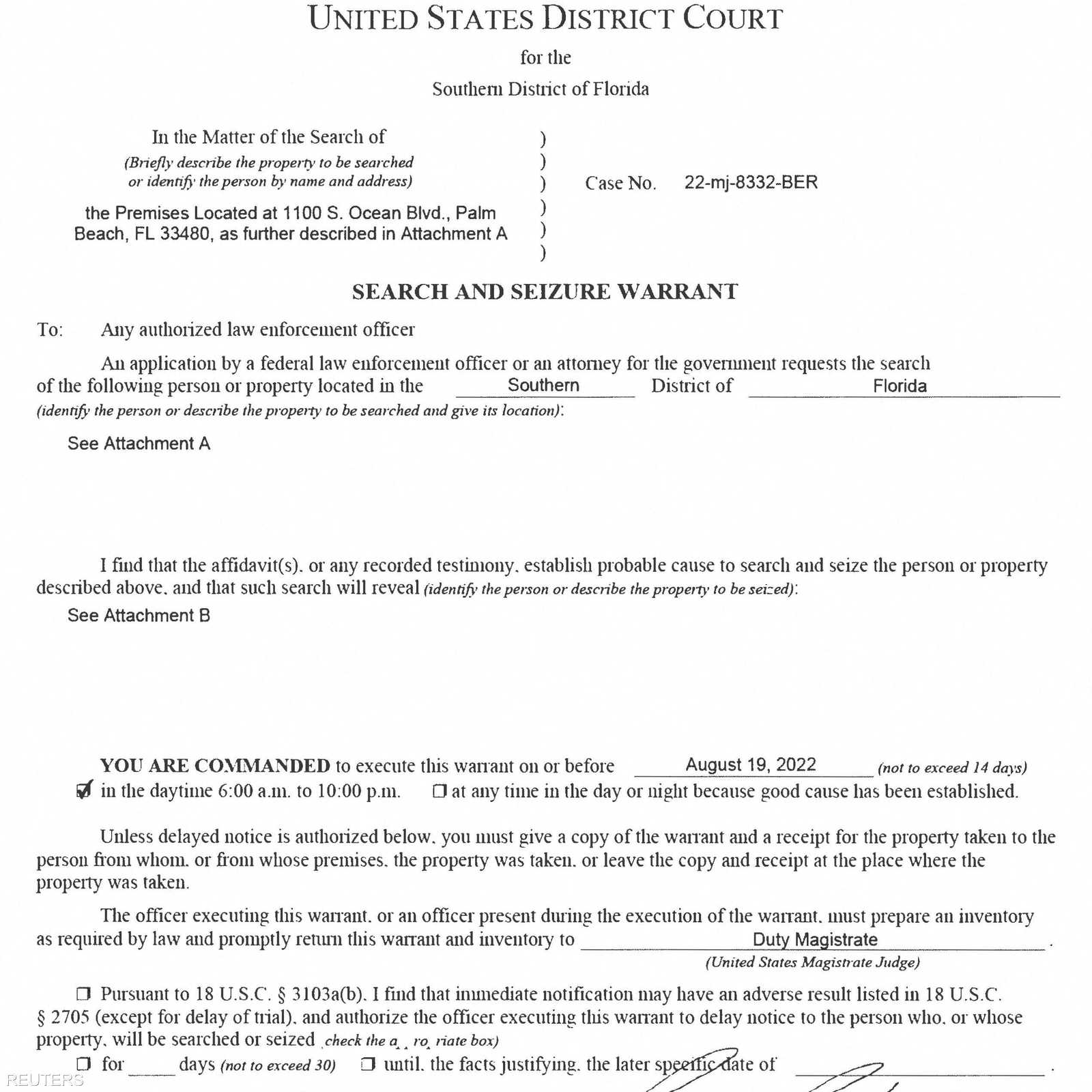 الصفحة الأولى من مذكرة تفتيش منزل ترامب