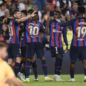 فرحة لاعبي برشلونة بالهدف الرابع