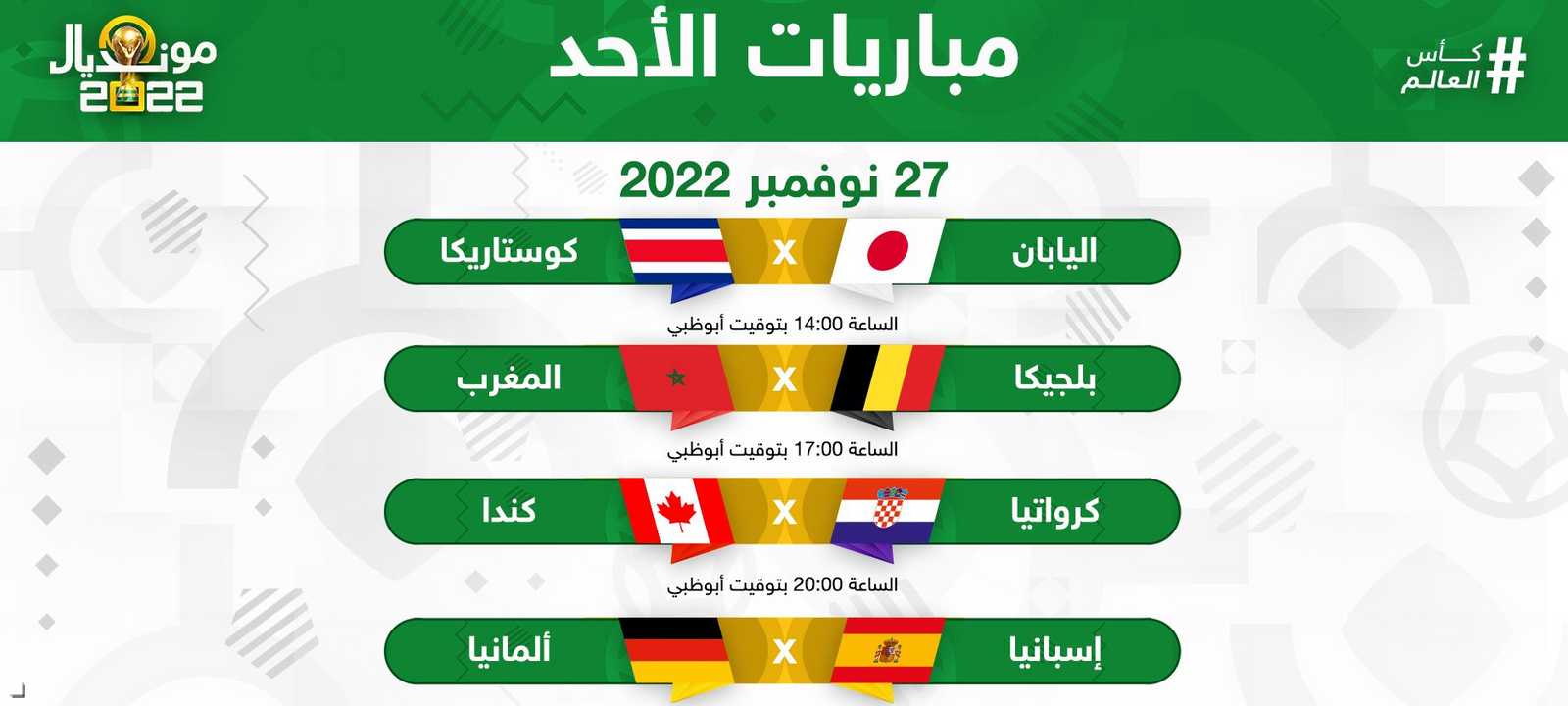 مباريات اليوم الأحد 27 نوفمبر ضمن مونديال 2022