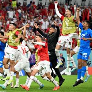 فرحة لاعبي المنتخب المغربي بعد الفوز على بلجيكا