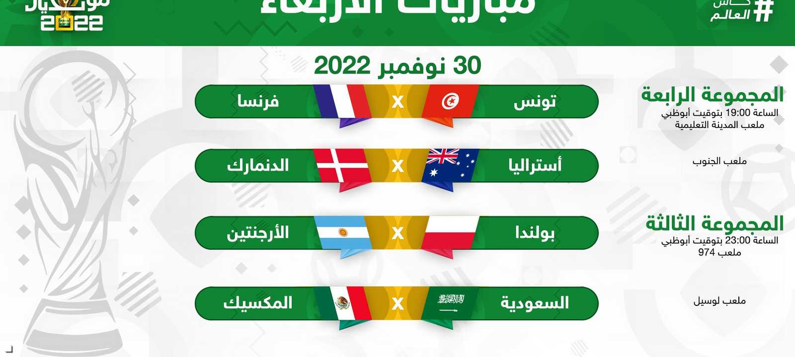 مباريات الأربعاء 30 نوفمبر 2022