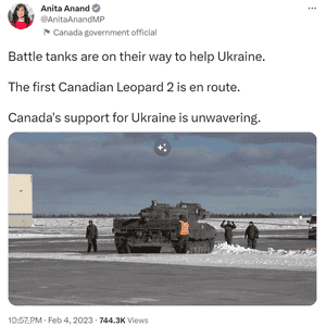 تغريدة وزيرة الدفاع الكندية حول إرسال دبابة إلى أوكرانيا