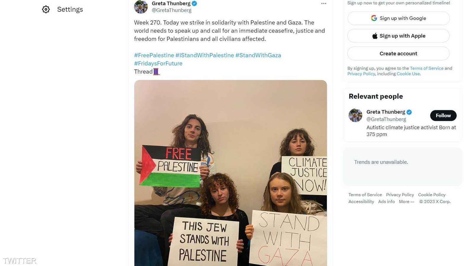 تغريدة غريتا التي أعلنت فيها تضامنها مع فلسطين