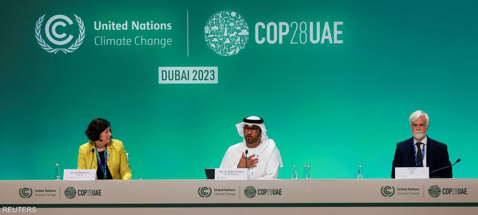 جانب من مؤتمر صحفي لرئيس COP28 سلطان الجابر