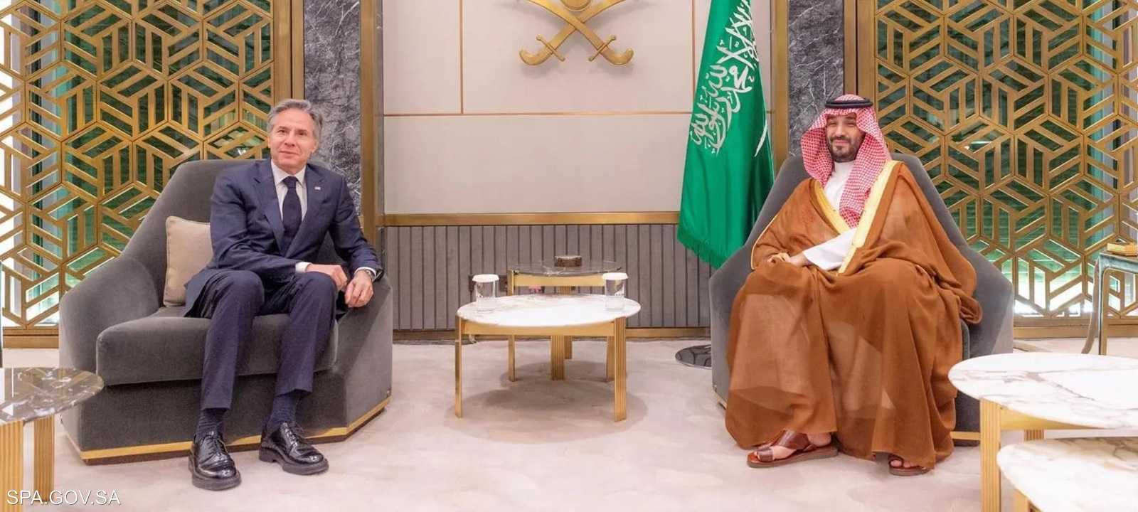 جانب من اللقاء الذي جمع بلينكن والأمير محمد بن سلمان