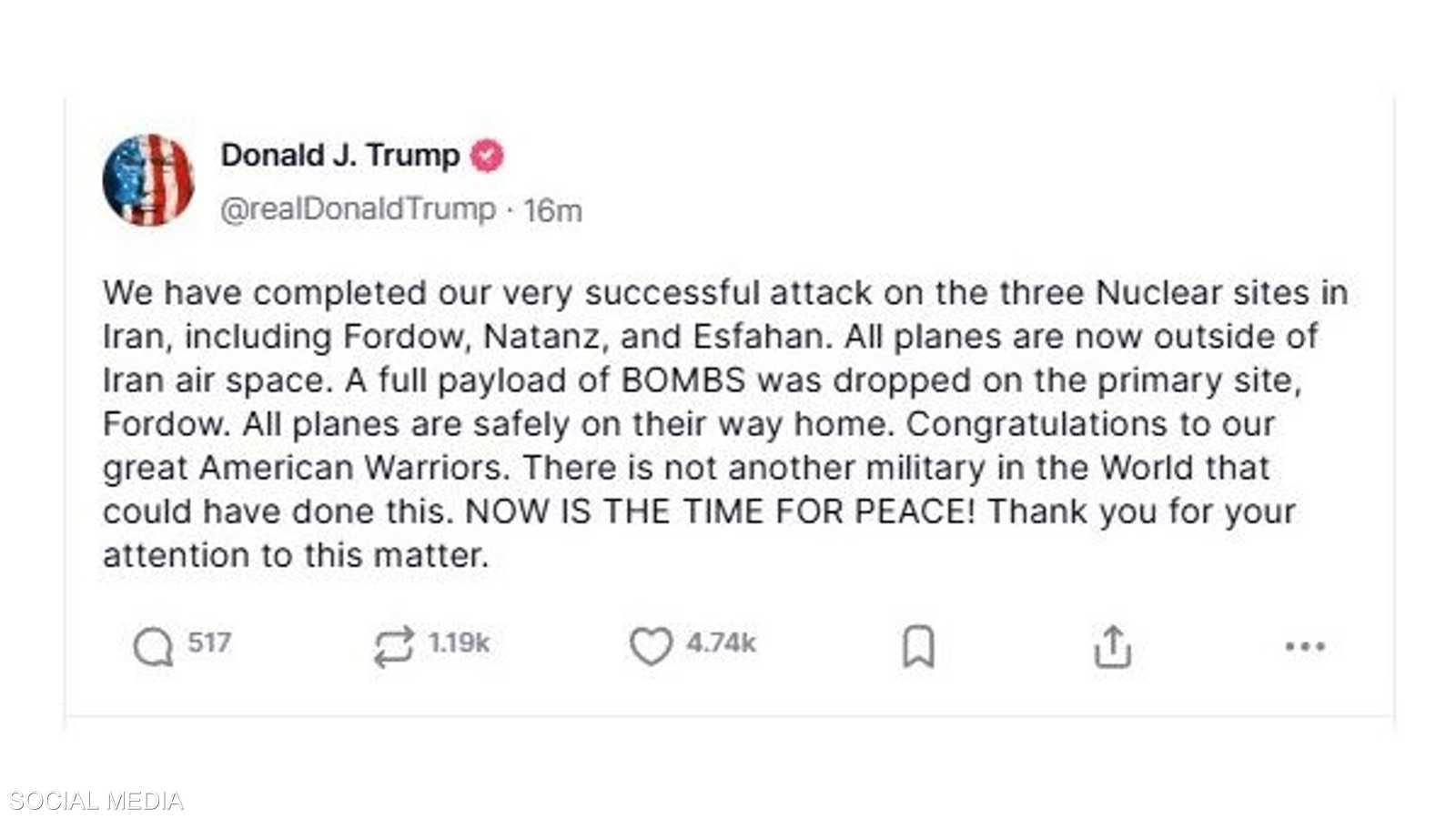 منشور ترامب الذي أعلن به قصف إيران