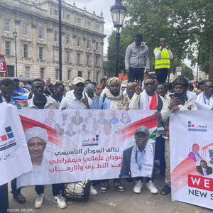 طالبت التظاهرة المجتمع الدولي بدعم عملية انتقال سلمي