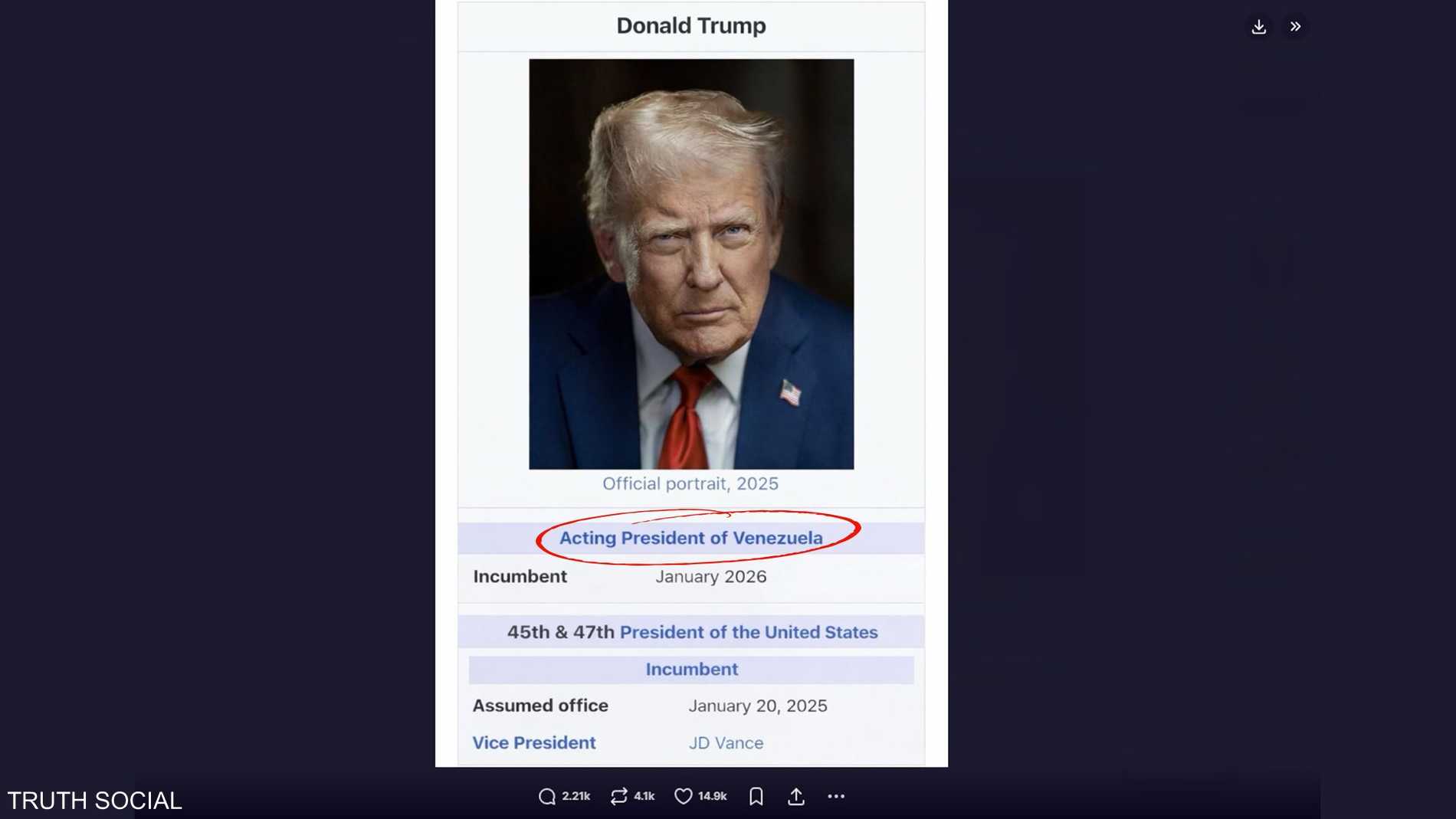 بالصورة.. ترامب ينصّب نفسه حاكما مؤقتا لفنزويلا 