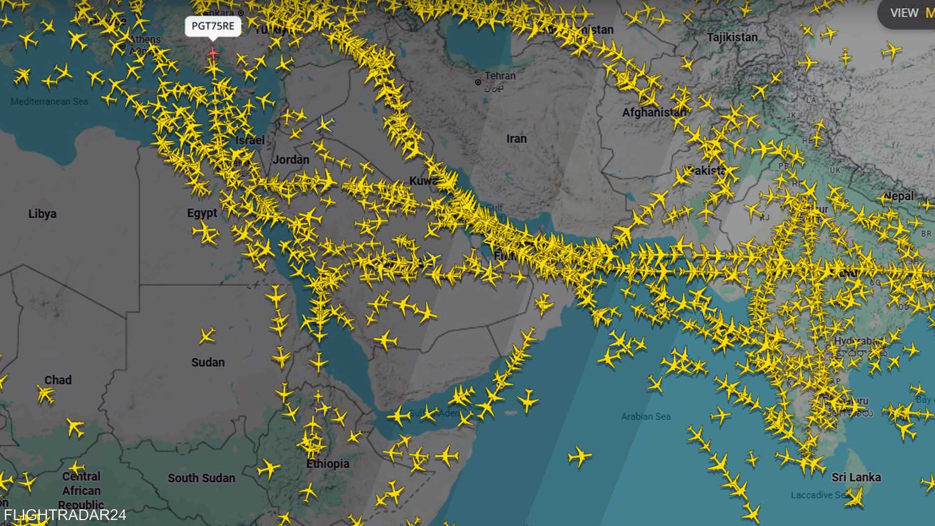صورة تظهر خلو المجال الجوي الإيراني من حركة الطيران 