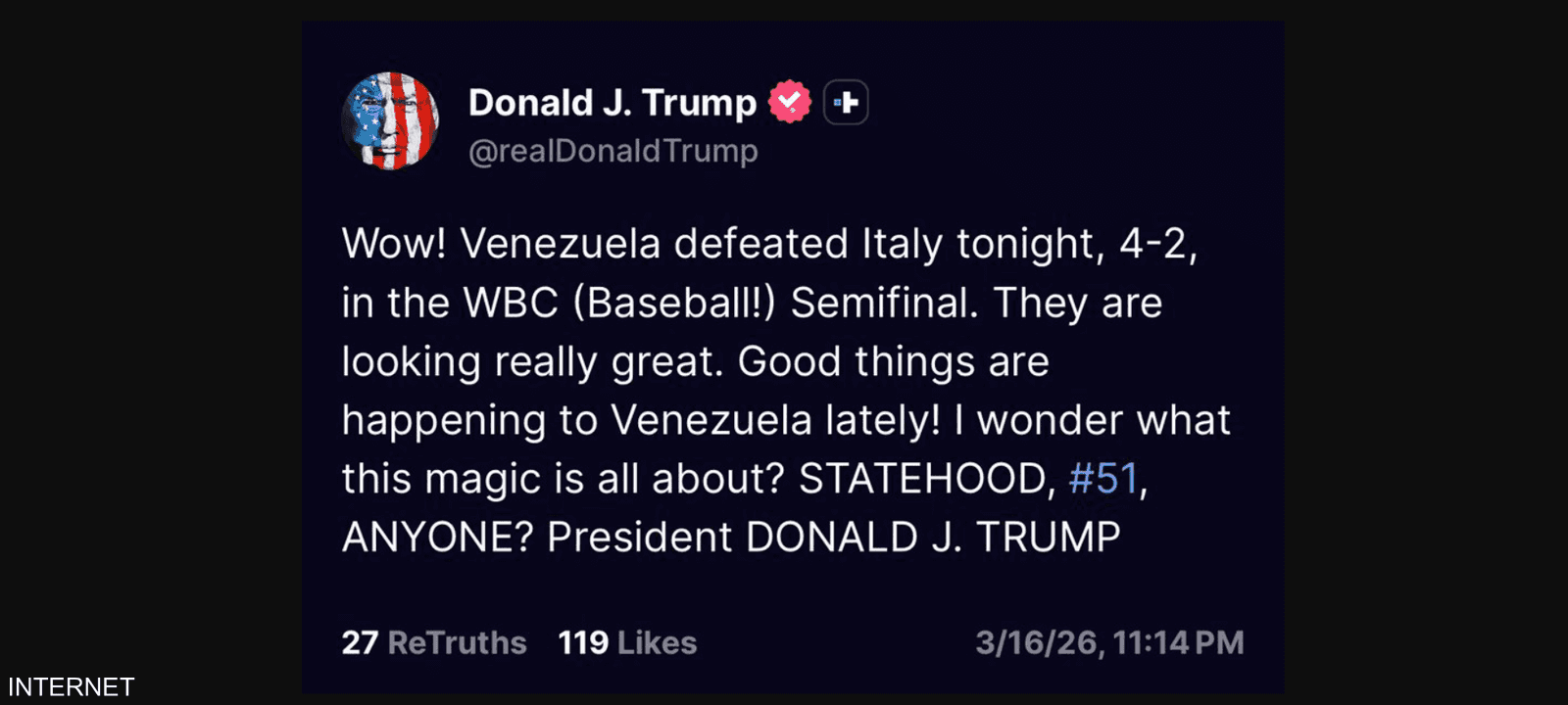 تغريدة ترامب حول فنزويلا والولاية 51