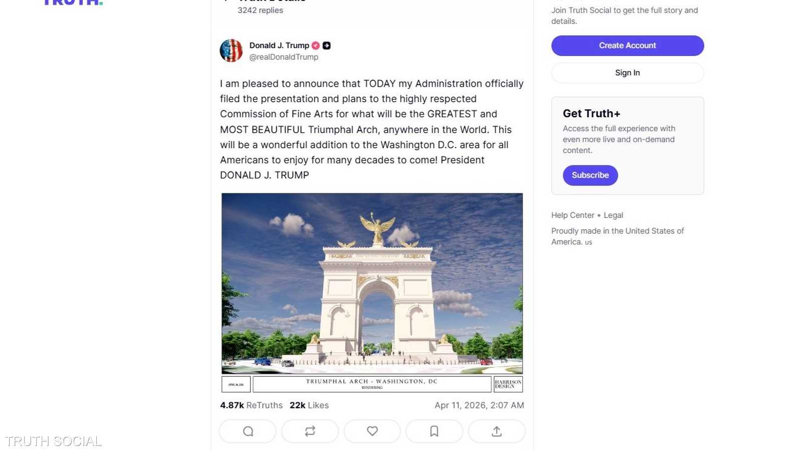 منشور ترامب حول قوس النصر على منصة تروث سوشيال