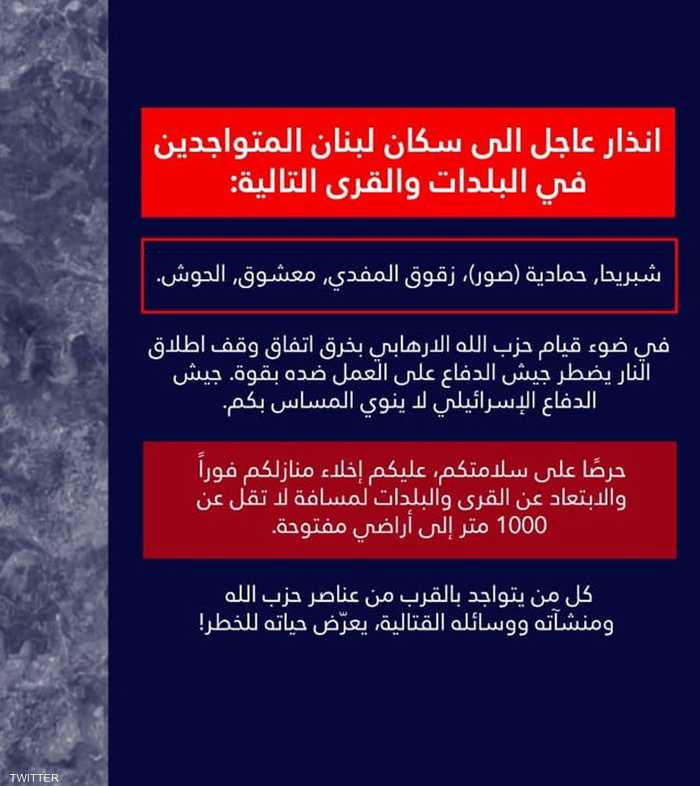 الجيش الإسرائيلي ينذر سكان 5 بلدات في جنوب لبنان