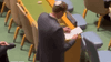 An Israeli video monitors withdrawing delegations during the Netanyahu speech