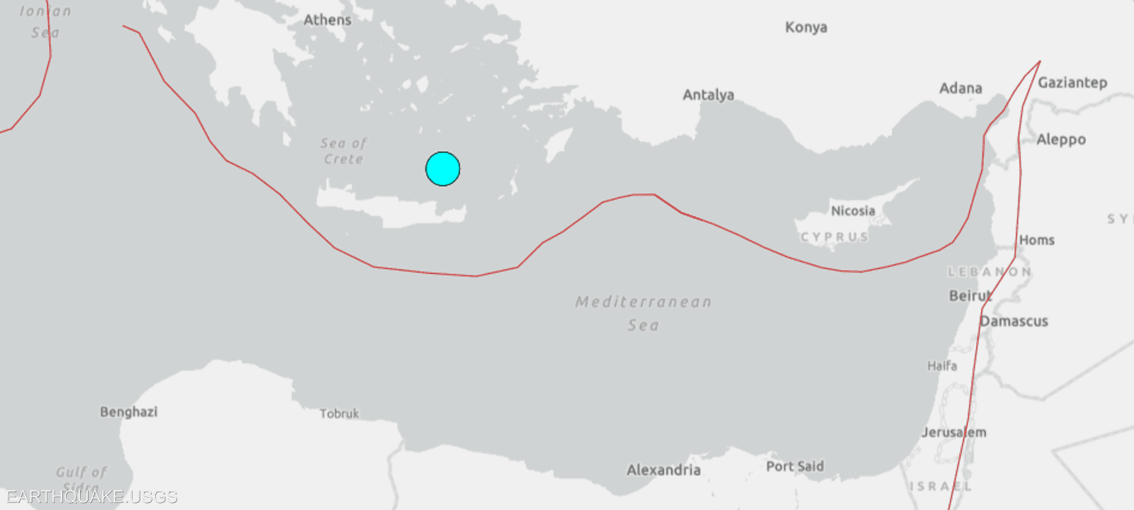 مركز الزلزال الذي وقع قرب جزيرة كريت وشعر به سكان القاهرة