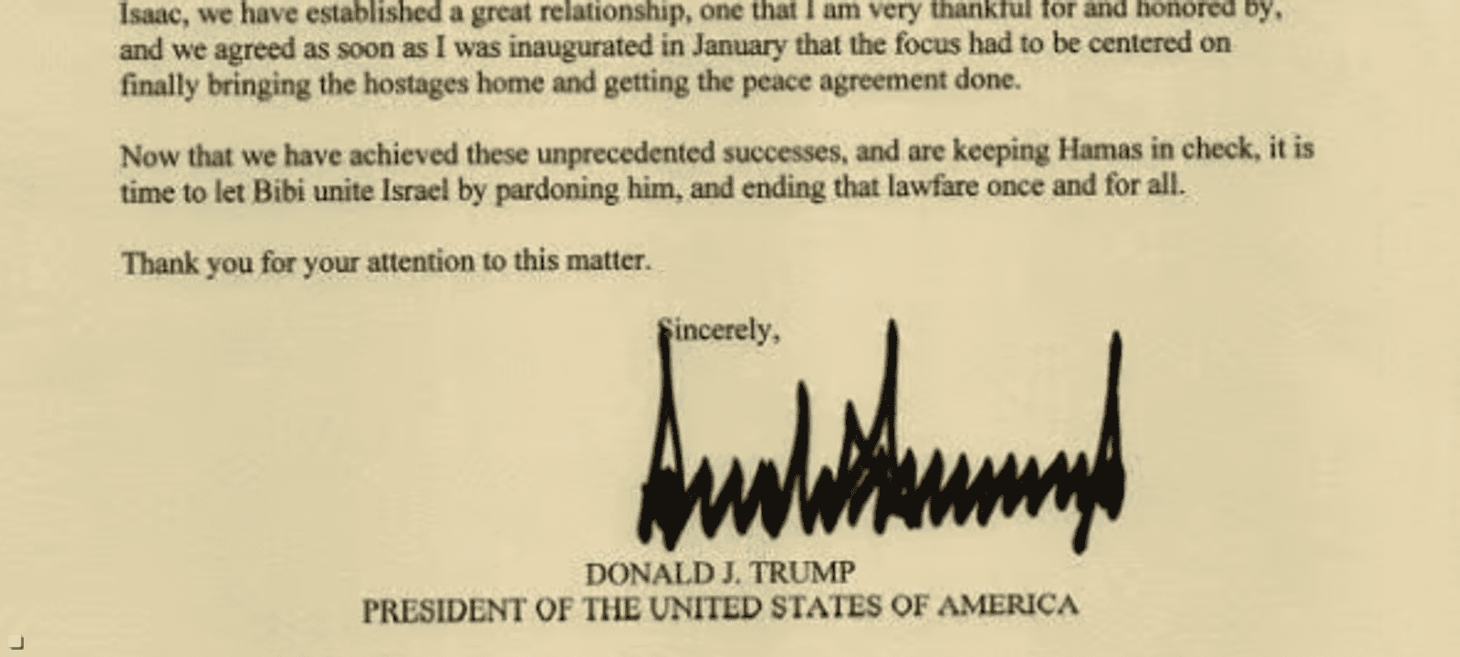 رسالة دونالد ترامب إلى إسحاق هرتسوغ
